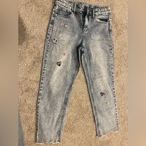 Girls denim jeans with embroidery- flower, sunshine and heart/peace